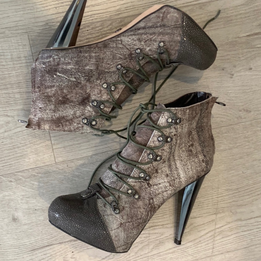 Velvet Angel grey lace up booties with 4” heels